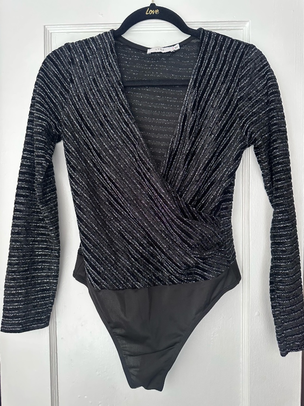 LUSH Black Velvet Long-sleeve Bodysuit with Silver Stripes